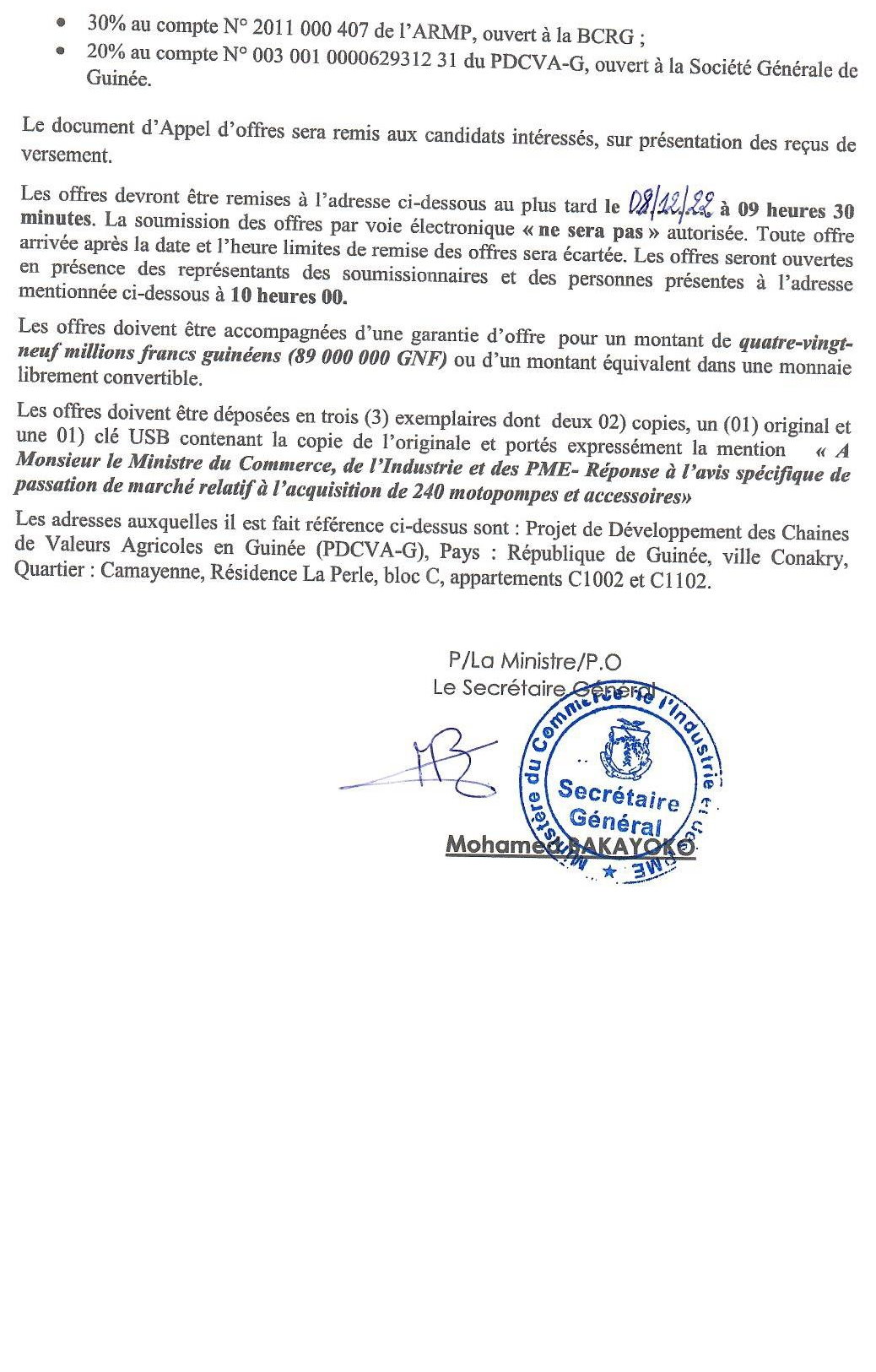 Avis spécifique de passation de marché pour l'acquisition de 240 motopompes et accessoires | page 2