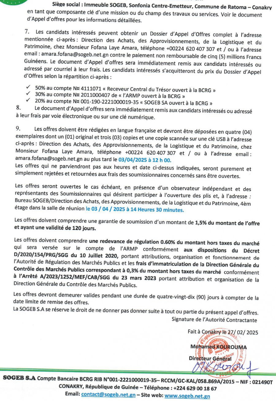 Avis d'appel offres pour le marché relatif à la fourniture des outillages et matériels de maintenance de réseau du backbone national de la SOGEB | Page 2