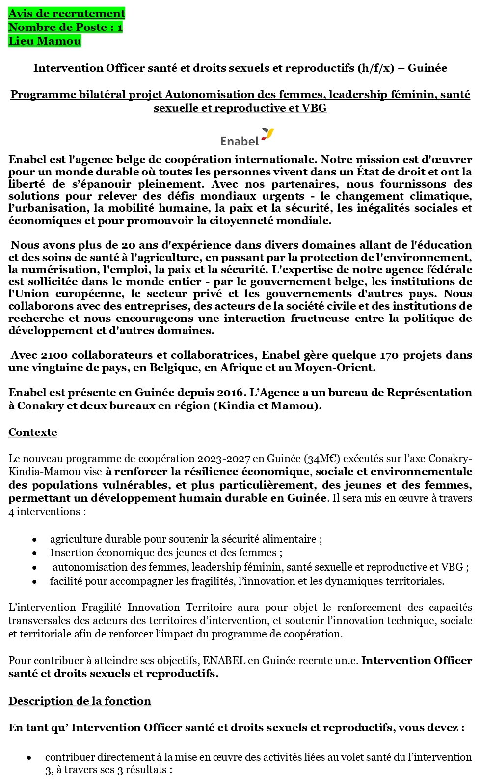 Avis de recrutement d'un Intervention Officer santé et droits sexuels et reproductifs (h/f/x) – Guinée | Page 1