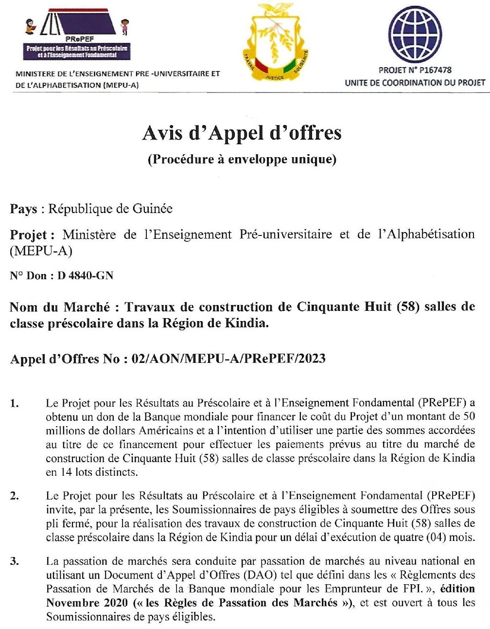 PREPEF: Avis d'appel d'offres pour des Travaux de construction de Cinquante Huit (58) salles de classe préscolaire dans la Région de Kindia | Page 1