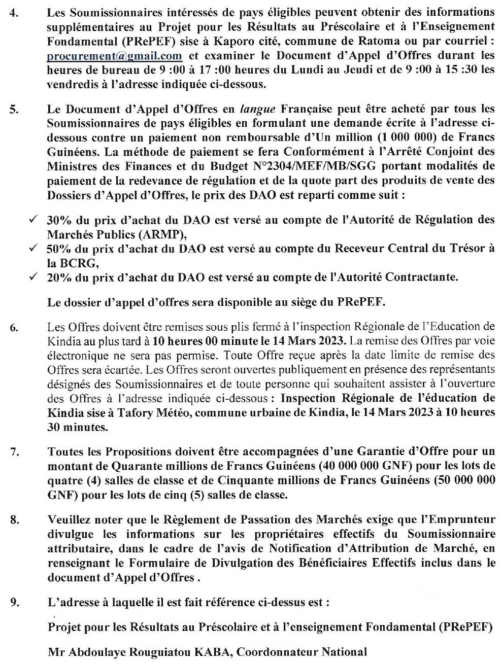 PREPEF: Avis d'appel d'offres pour des Travaux de construction de Cinquante Huit (58) salles de classe préscolaire dans la Région de Kindia | Page 2