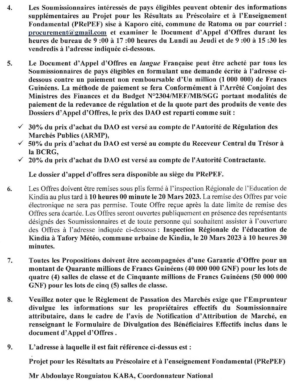 PREPEF: Avis d'appel d'offres pour des Travaux de construction de Cinquante Six (56) salles de classe préscolaire dans la Région de Mamou | Page 2
