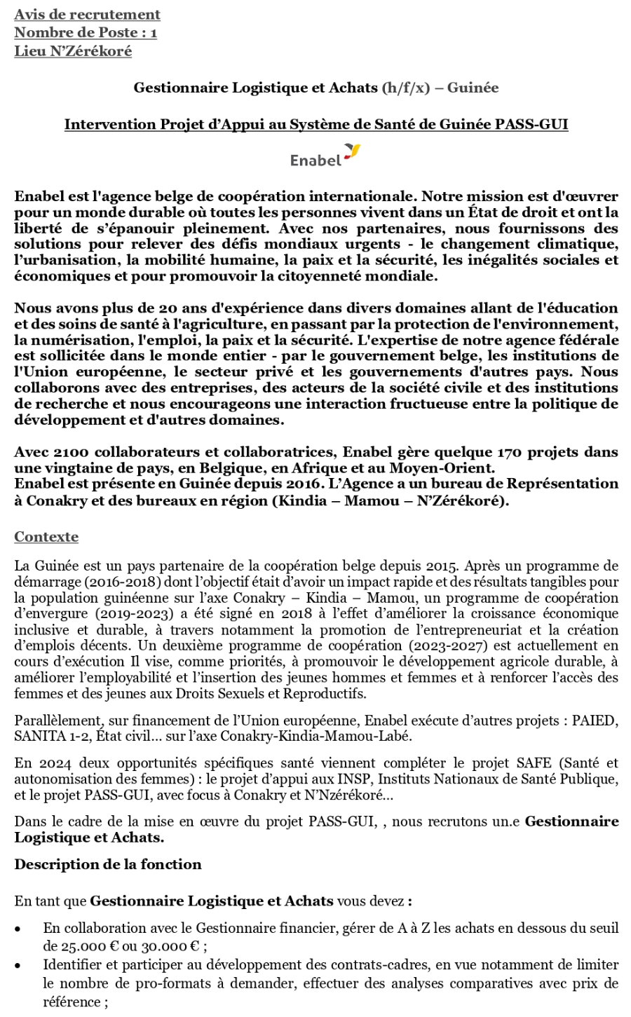 Avis de recrutement d'un Gestionnaire Logistique et Achats (h/f/x) – Guinée | Page 1