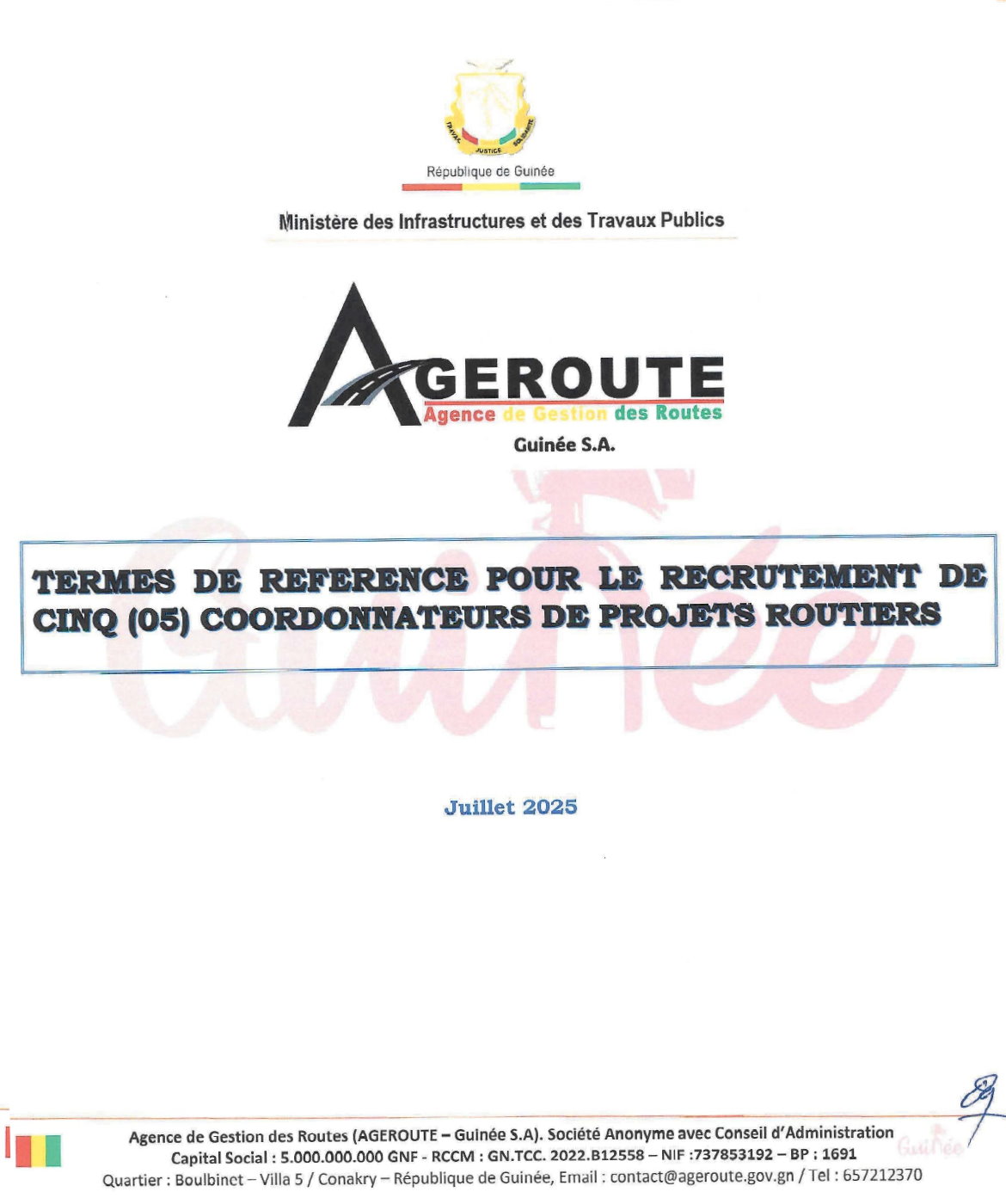 Termes de reference pour le recrutement de cinq (05) coordonnateurs de projets routiers | Page 1