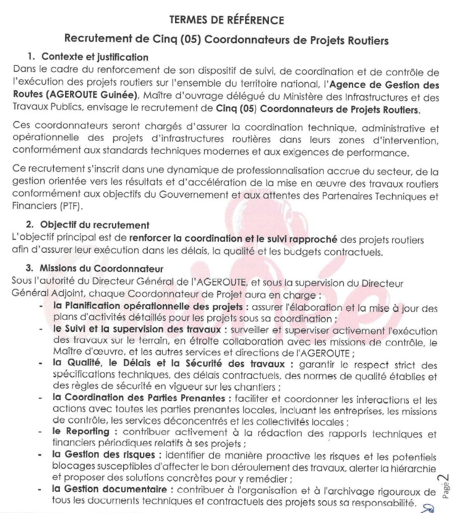 Termes de reference pour le recrutement de cinq (05) coordonnateurs de projets routiers | Page 1
