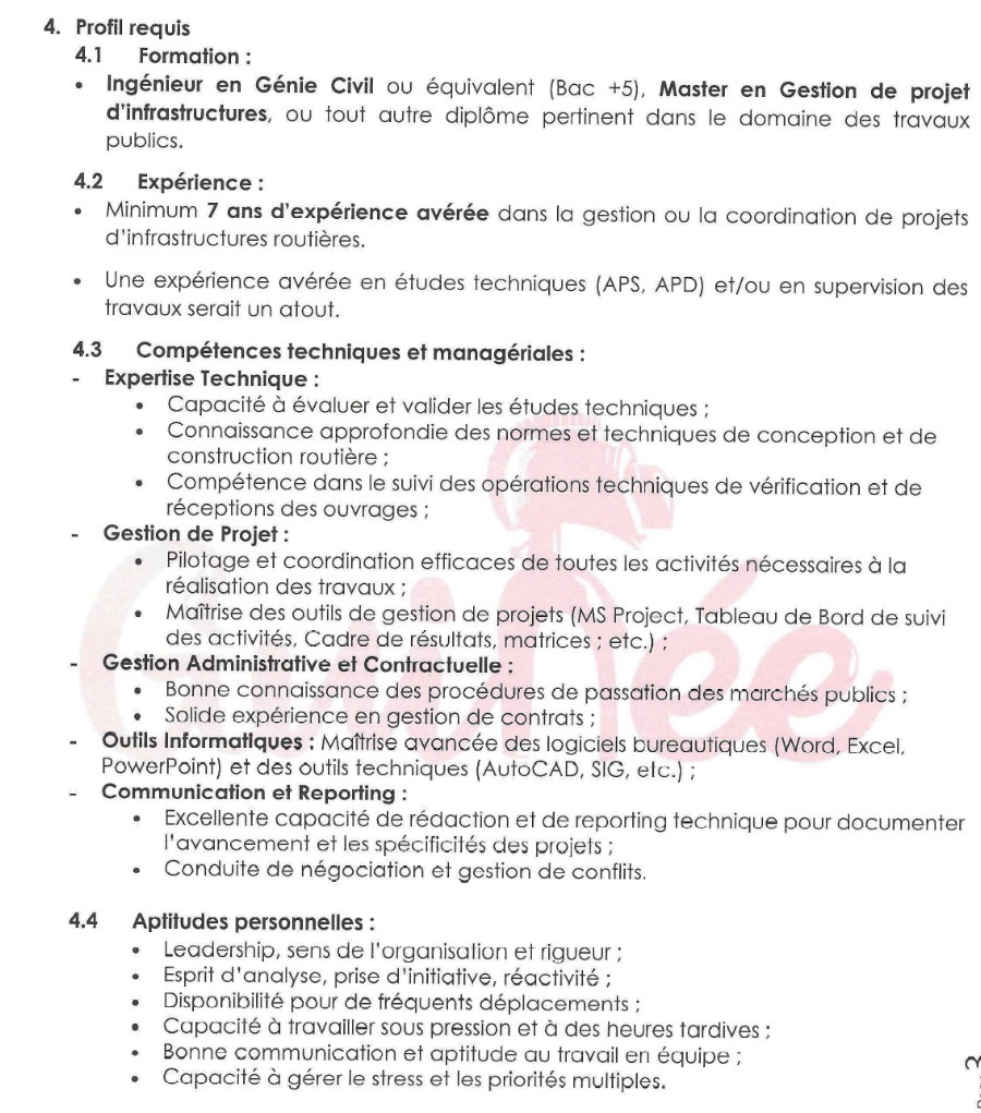 Termes de reference pour le recrutement de cinq (05) coordonnateurs de projets routiers | Page 1