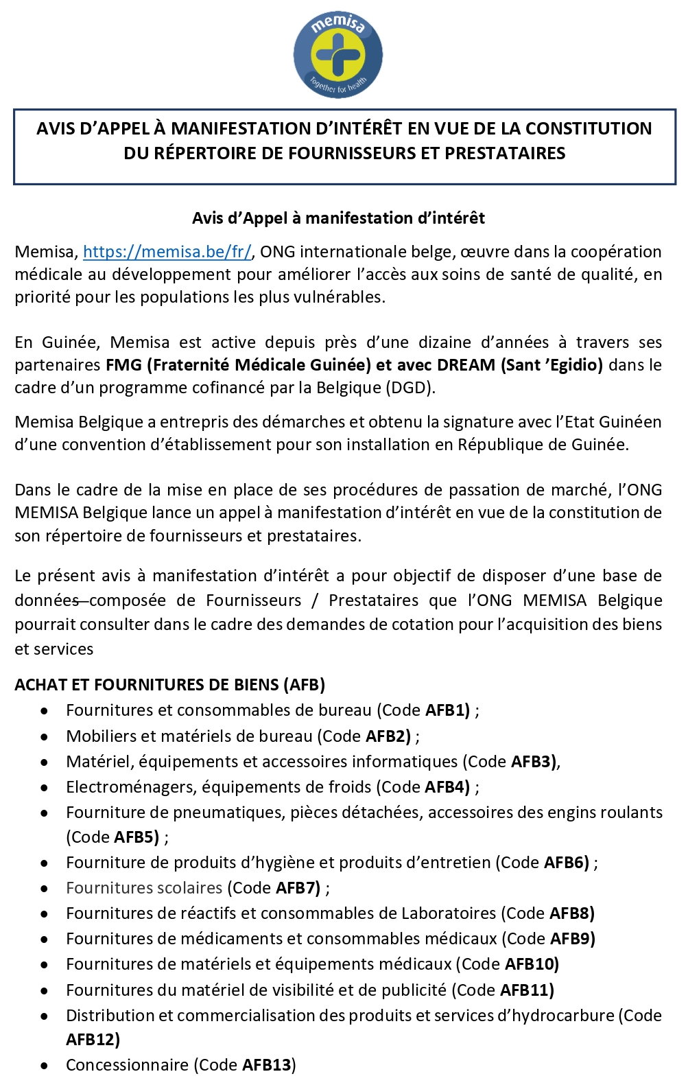 AVIS D’APPEL À MANIFESTATION D’INTÉRÊT EN VUE DE LA CONSTITUTION DU RÉPERTOIRE DE FOURNISSEURS ET PRESTATAIRES | Page 1