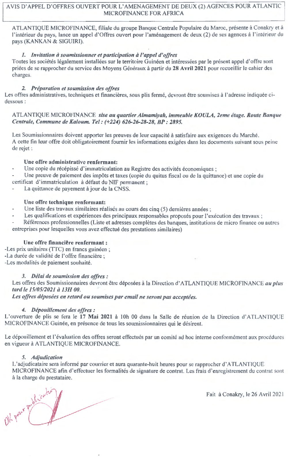 Appel d'Offre atlantique microfinance -  Atlantic microfinance