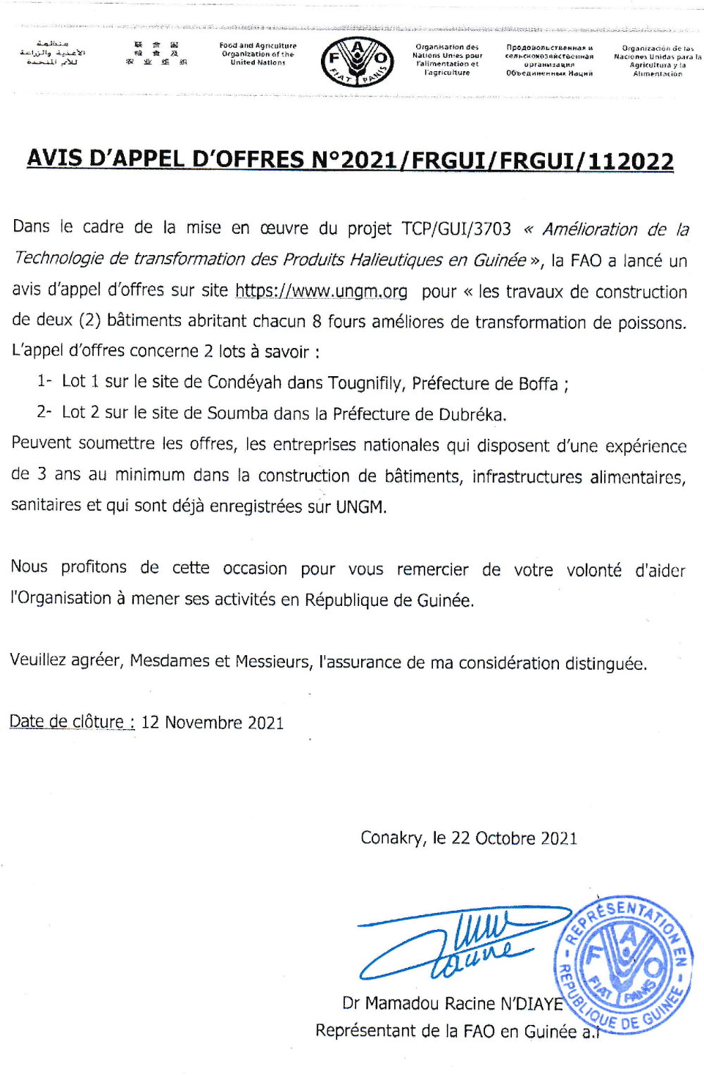 Avis d'appels d'offres pour des travaux de construction de deux (2) bâtiments abritant 8 fours