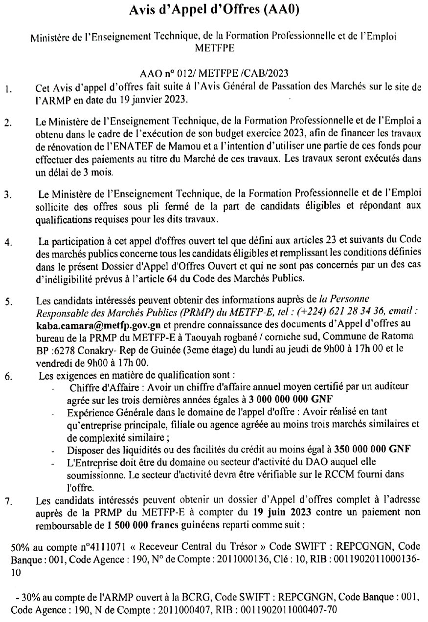  Avis d'appel d'offres pour le marché de travaux de rénovation de l'ENATEF de Mamou | page 1