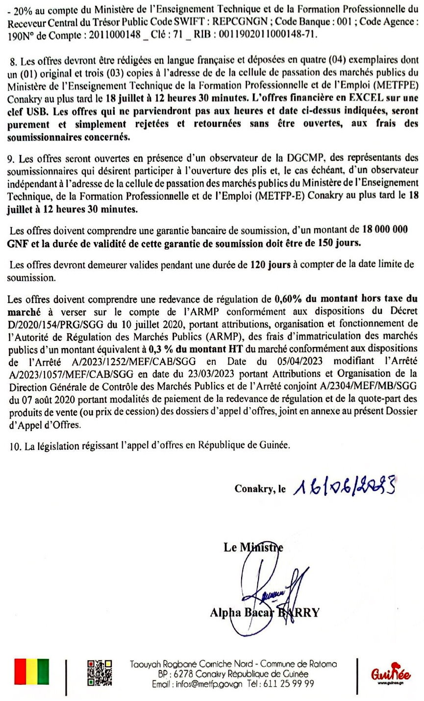  Avis d'appel d'offres pour le marché de travaux de rénovation de l'ENATEF de Mamou | page 2