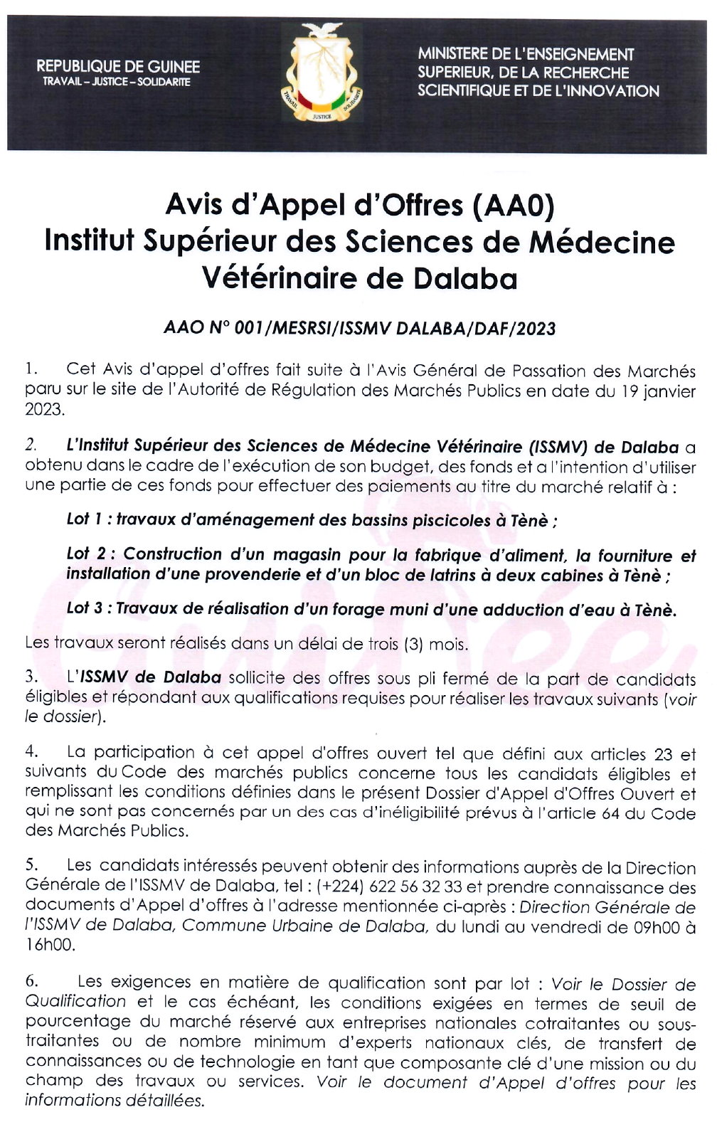 Avis d'appel d'offres pour des travaux d'aménagement et de contsruction en trois lots | page 1