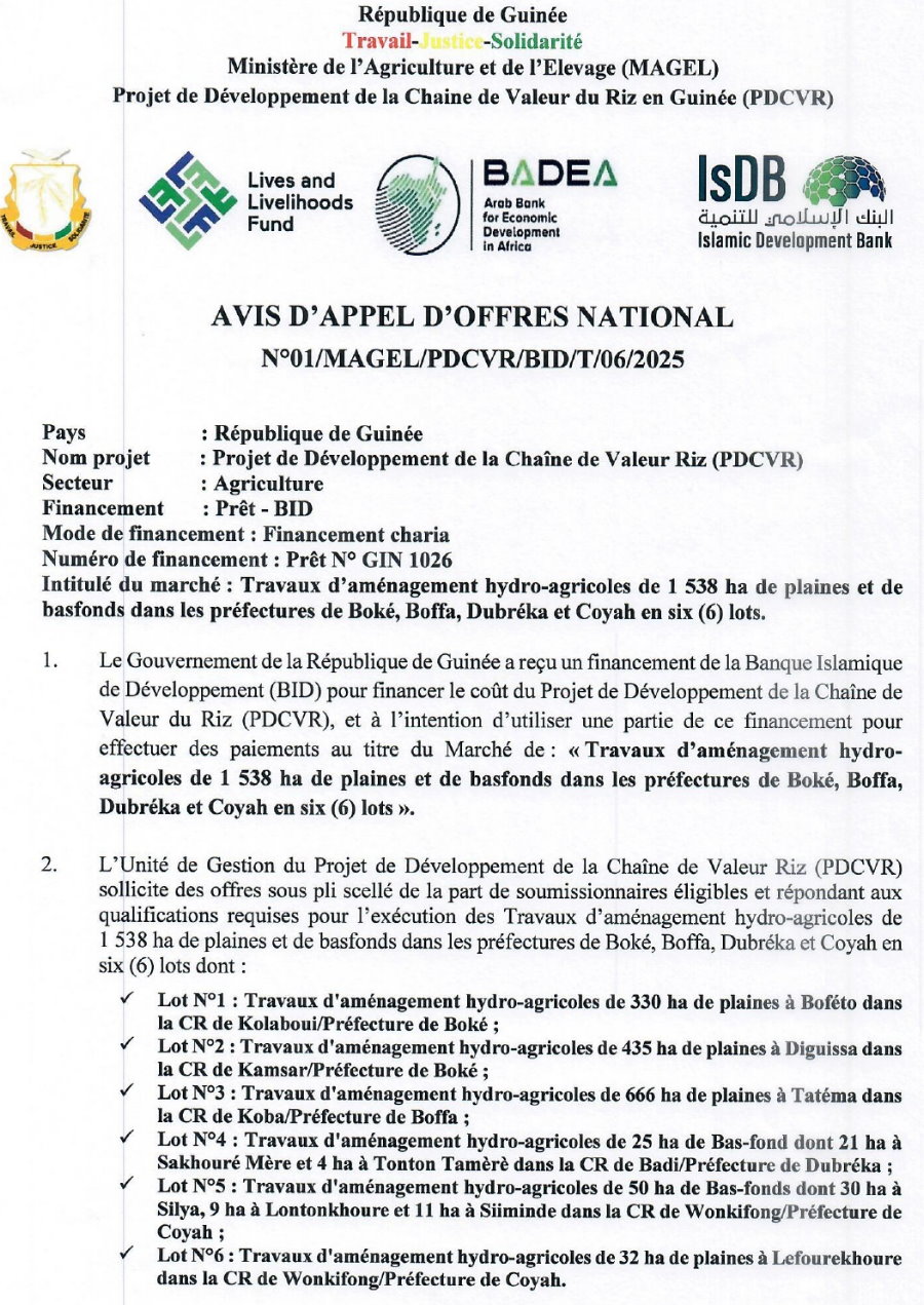 Avis d'appel d'offres national pour des Travaux d’aménagement hydro-agricoles de 1 538 ha de plaines et de basfonds dans les préfectures de Boké, Boffa, Dubréka et Coyah en six (6) lots | Page 1