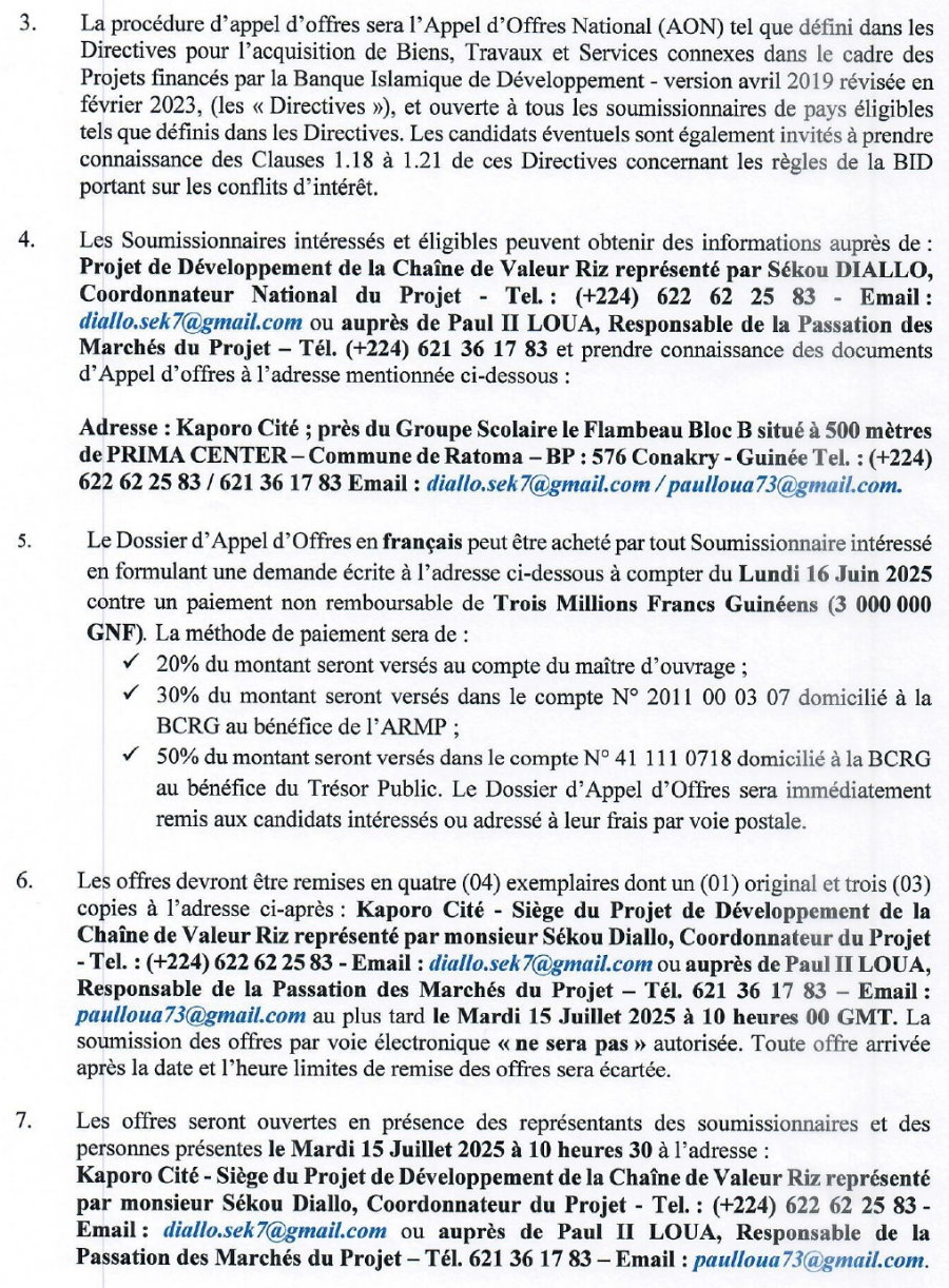 Avis d'appel d'offres national pour des Travaux d’aménagement hydro-agricoles de 1 538 ha de plaines et de basfonds dans les préfectures de Boké, Boffa, Dubréka et Coyah en six (6) lots | Page 2