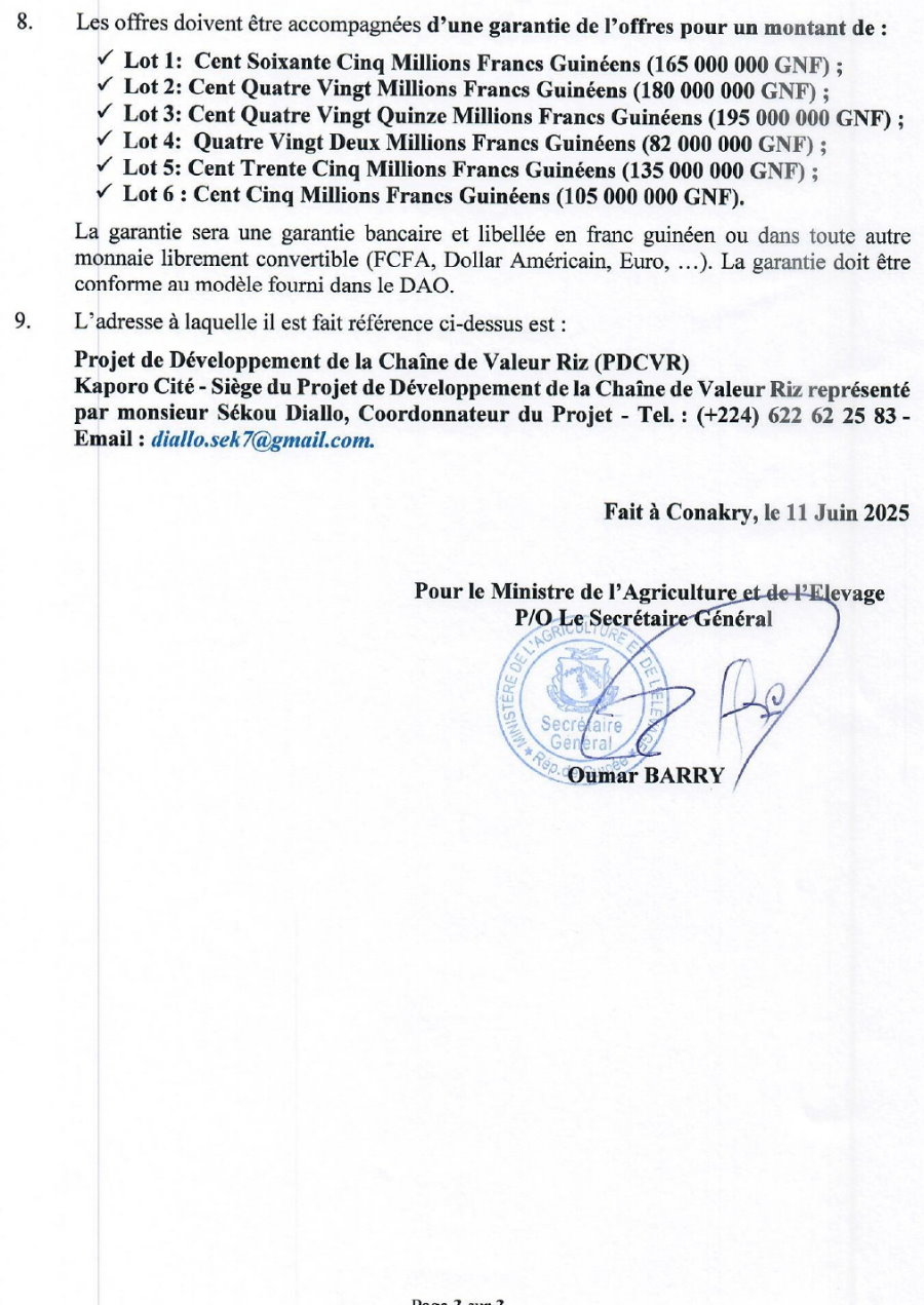 Avis d'appel d'offres national pour des Travaux d’aménagement hydro-agricoles de 1 538 ha de plaines et de basfonds dans les préfectures de Boké, Boffa, Dubréka et Coyah en six (6) lots | Page 3