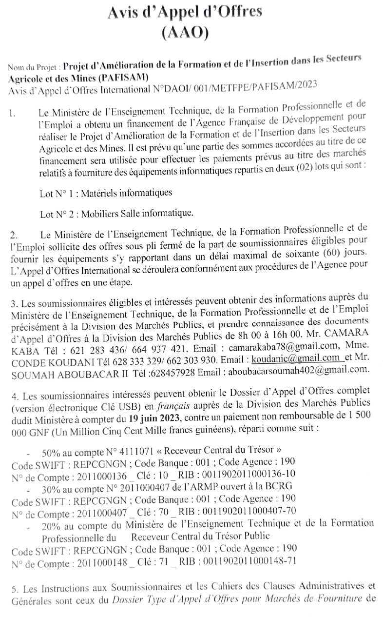  Avis d'appel d'offres pour les marchés relatifs à fourniture des équipements informatiques repartis en deux (02) lots | Page 1