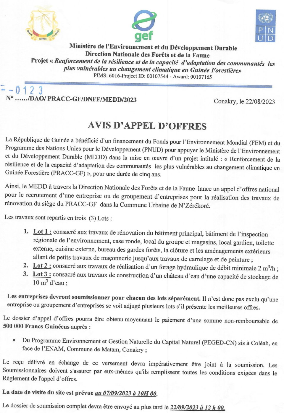 Avis d'appel d'offres national pour le recrutement d'une entreprise ou de groupement d'entreprises pour la réalisation des travaux de rénovation du siège du PRACC-GF dans la Commune Urbaine de N'Zérékoré | Page 1