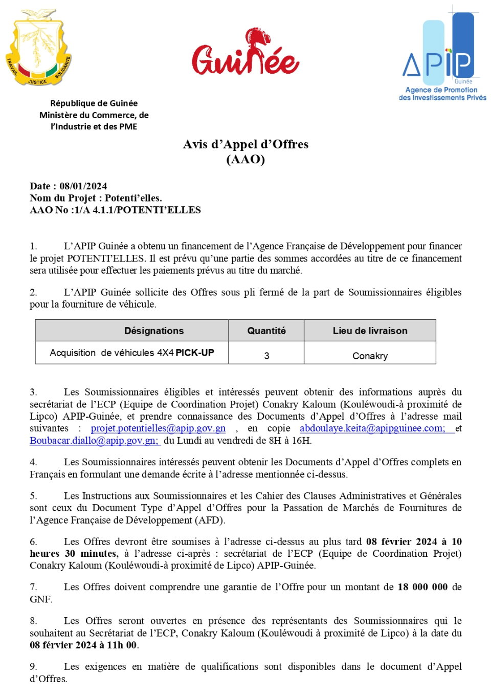 Acquisition de véhicules 4X4 PICK-UP 