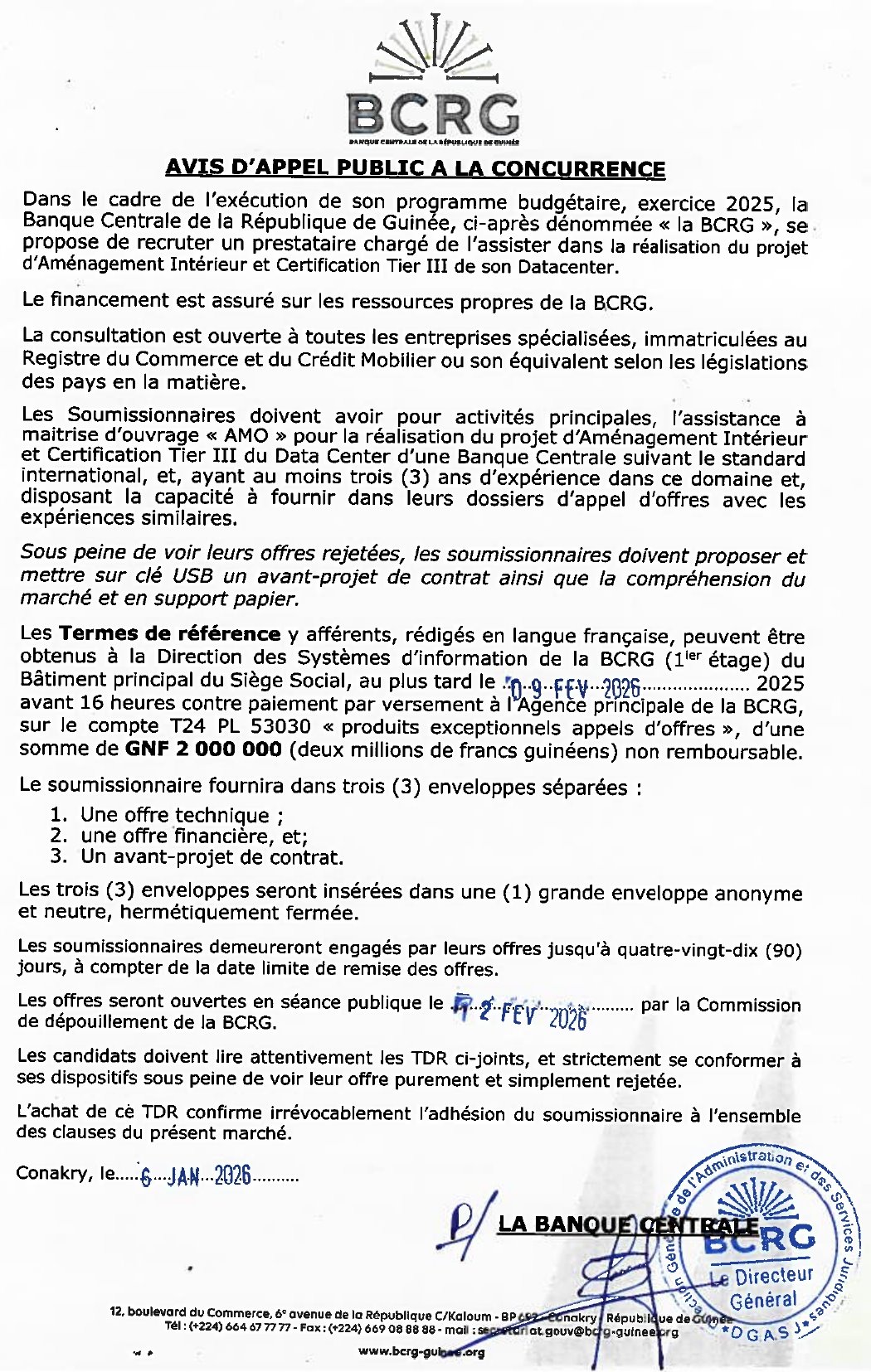 Avis d’appel d’offres pour le recrutement d’un prestataire chargé d’assister dans la réalisation du projet d’Aménagement Intérieur et Certification Tier III de son Datacenter | Page 1