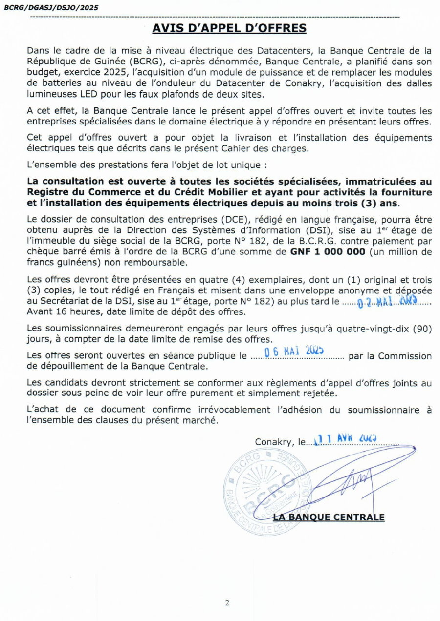 Avis d'appel d'offres pour l'acquisition d'un module de puissance et de remplacer les modules de batteries au niveau de l'onduleur du Datacenter de Conakry, l'acquisition des dalles lumineuses LED pour les faux plafonds de deux sites | Page 1