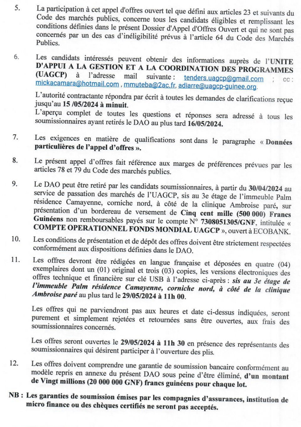 Avis d’Appel d’Offres Ouvert National (AAOON) Pour Des TRAVAUX D’AMENAGEMENT DES SITES DEVANT ABRITER LES INCINERATEURS DANS LES REGIONS DE CONAKRY et FARANAH | Page 2