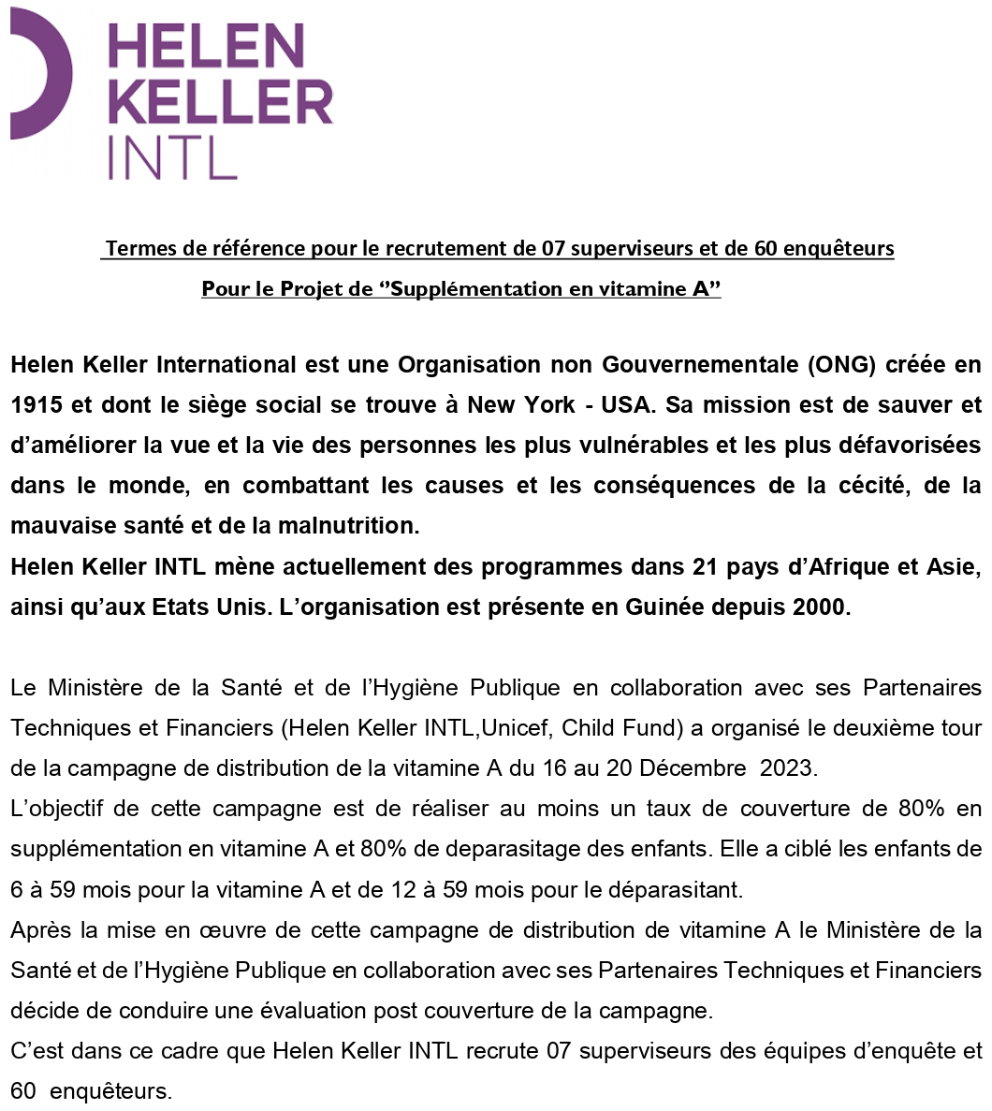 Termes de référence pour le recrutement de 07 superviseurs et de 60 enquêteurs Pour le Projet de ‘’Supplémentation en vitamine A’’ | page 1