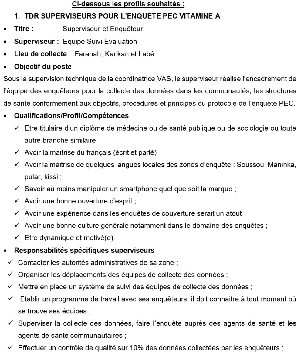 Termes de référence pour le recrutement de 07 superviseurs et de 60 enquêteurs Pour le Projet de ‘’Supplémentation en vitamine A’’ | page 2
