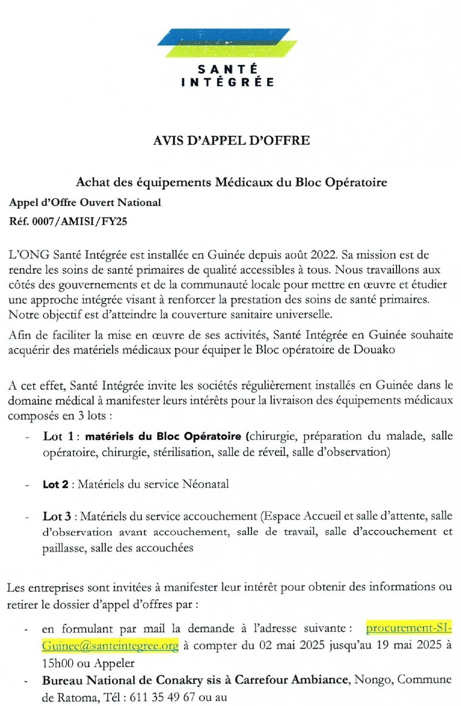 Avis d'appel d'offres pour l'achat des équipements Médicaux du Bloc Opératoire | Page 1