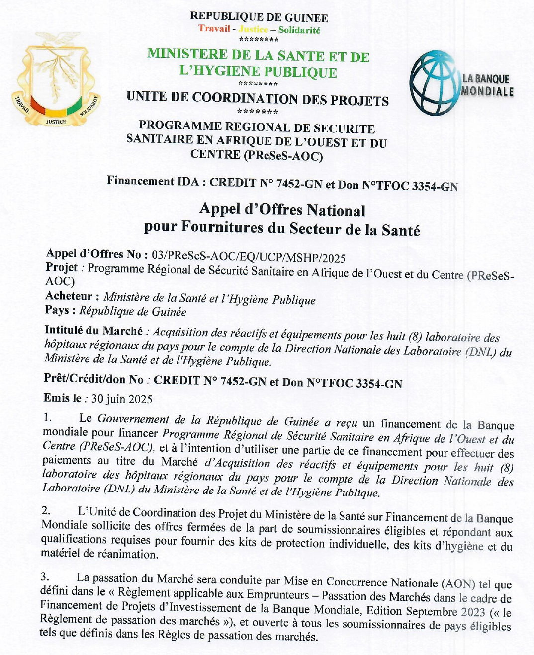 Appel d'offres national pour l'Acquisition des réactifs et équipements pour les huit (8) laboratoire des hôpitaux régionaux du pays pour le compte de la Direction Nationale des Laboratoire (DNL) du Ministère de la Santé et de l'Hygiène Publique | Page 1