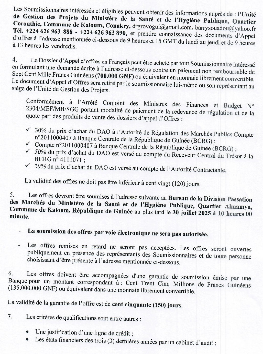 Appel d'offres national pour l'Acquisition des réactifs et équipements pour les huit (8) laboratoire des hôpitaux régionaux du pays pour le compte de la Direction Nationale des Laboratoire (DNL) du Ministère de la Santé et de l'Hygiène Publique | Page 2