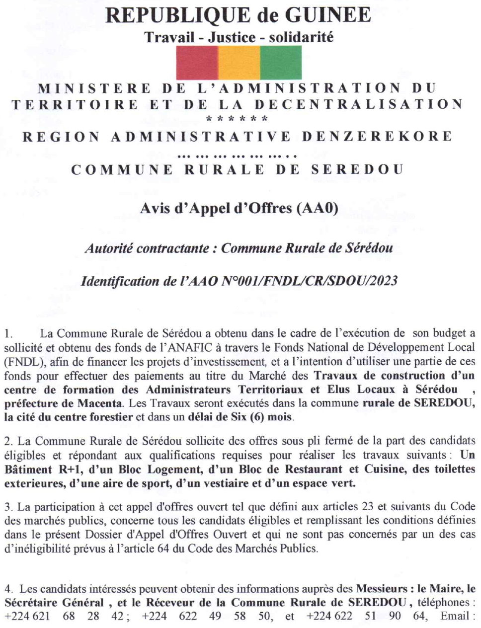 Marché des Travaux de construction d'un centre de formation des Administrateurs Territoriaux et Elus Locaux à Sérédou , préfecture de Macenta | page 1