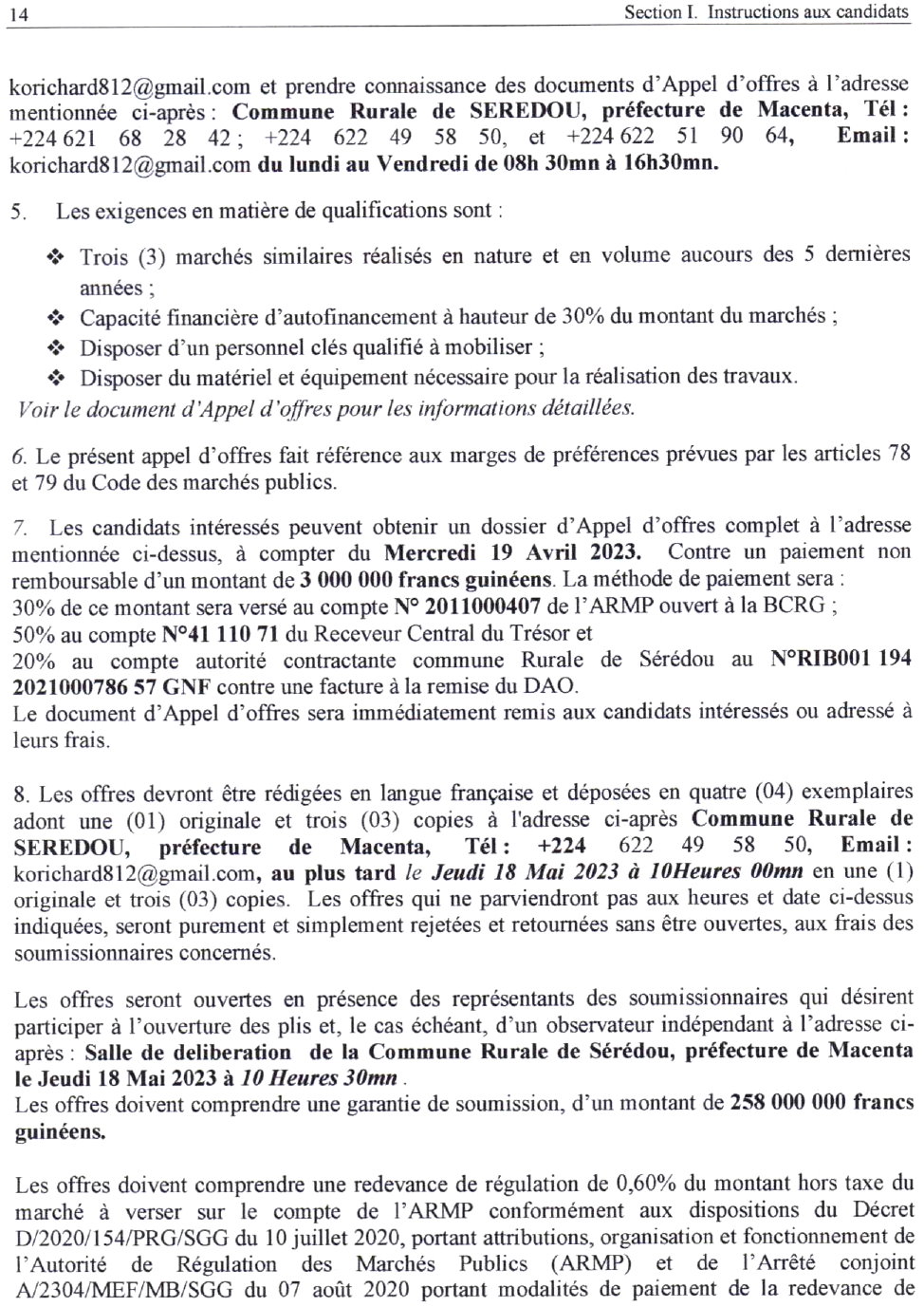 Marché des Travaux de construction d'un centre de formation des Administrateurs Territoriaux et Elus Locaux à Sérédou , préfecture de Macenta | page 2