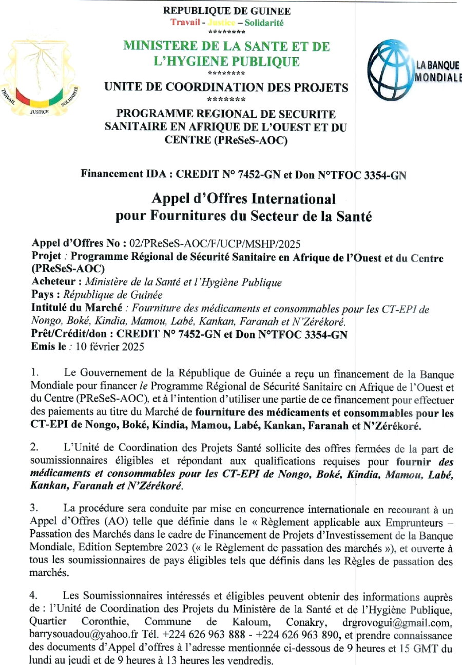 Avis d'appel d'offres pour la Fourniture des médicaments et consommables pour les CT-EPI de Nongo, Boké, Kindia, Mamou, Labé, Kankan, Faranah et N’Zérékoré | page 1