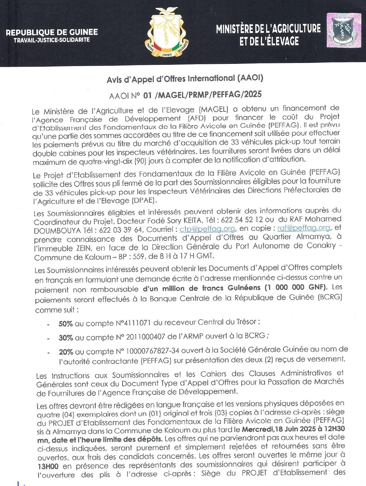 Avis d'appel d'offres international pour le marché d'acquisition de 33 véhicules pick-up tout terrain double cabines pour les inspecteurs vétérinaires | Page 1