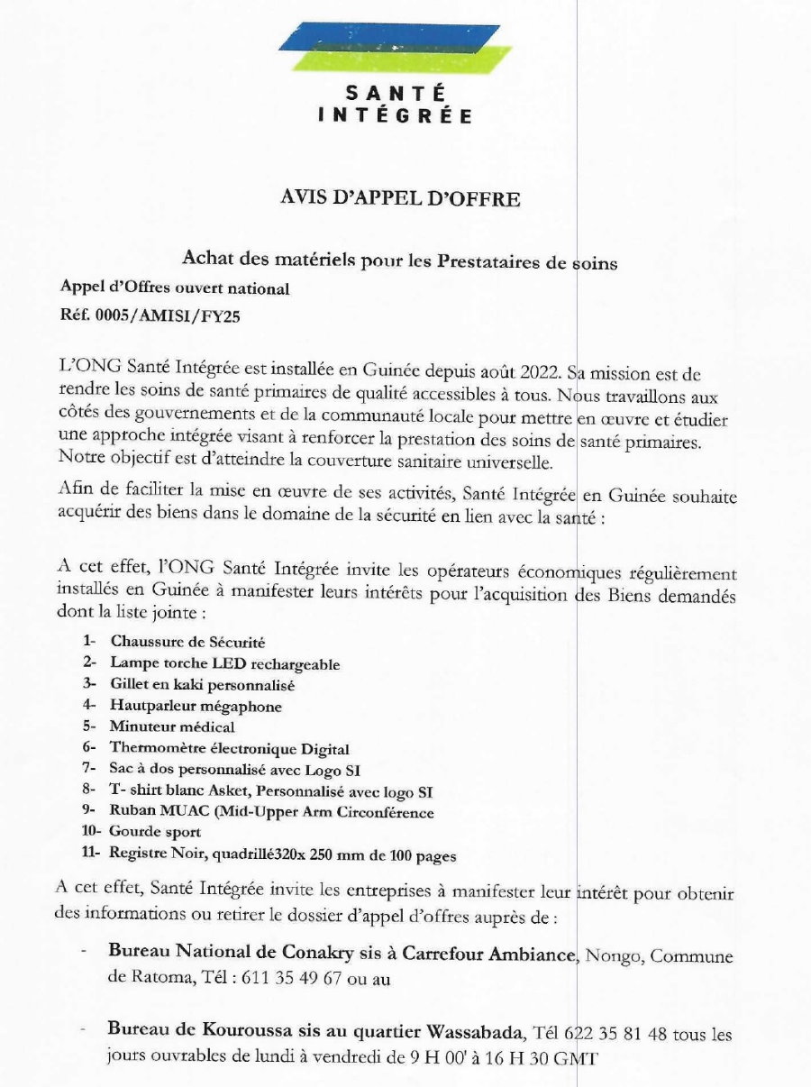 Achat des matériels polir les Prestataires de soins | Page 1