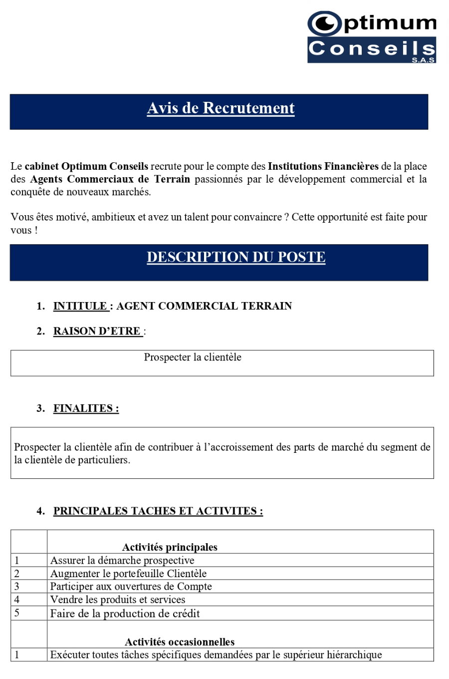 Avis de recrutement des Agents Commerciaux de Terrain | Page 1