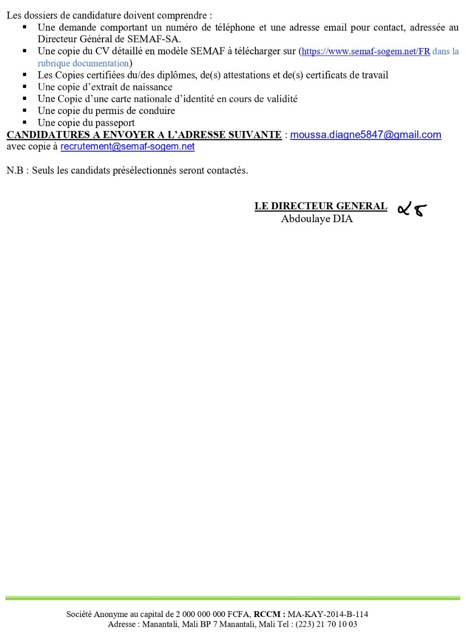 Avis de recrutement d'un (1) Directeur du transport, basé à Manantali au Mali | Page 2