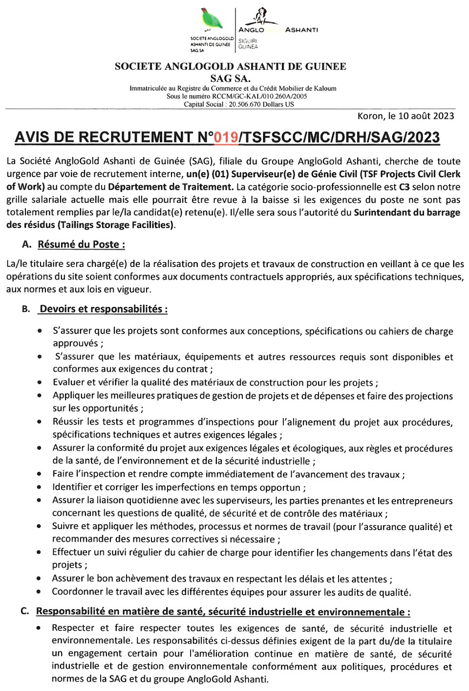 Avis de recrutement d'un(e) (01) Superviseur(e) de Génie Civil (TSF Projects Civil Clerk of Work) au compte du Département de Traitement | Page 1