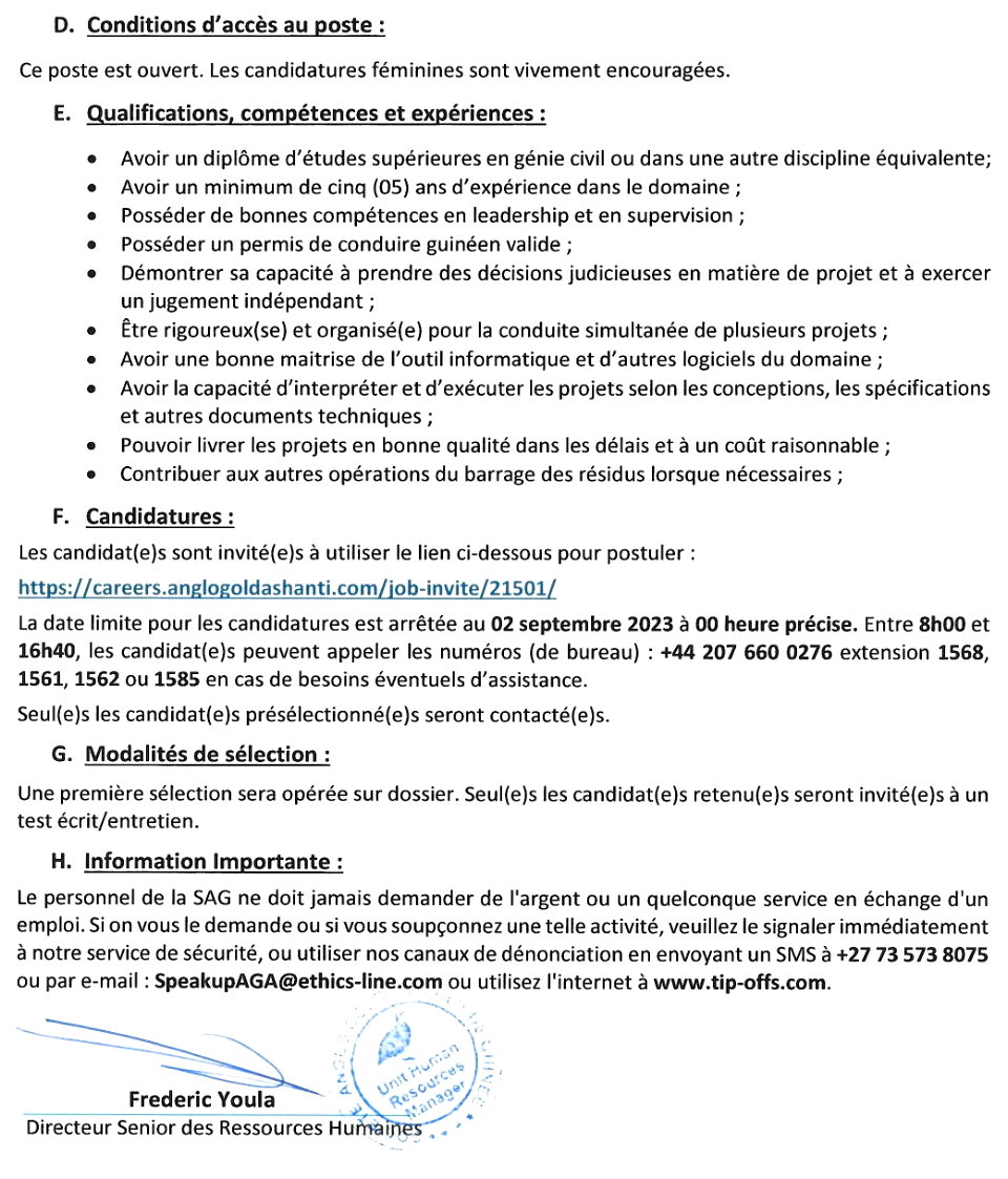 Avis de recrutement d'un(e) (01) Superviseur(e) de Génie Civil (TSF Projects Civil Clerk of Work) au compte du Département de Traitement | Page 2