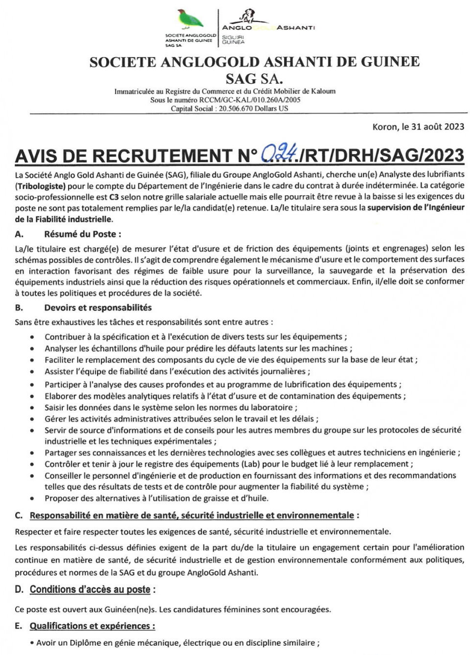 Avis de recrutement d'un(e) Analyste des lubrifiants (Tribologiste) pour le compte du Département de l’Ingénierie | Page 1
