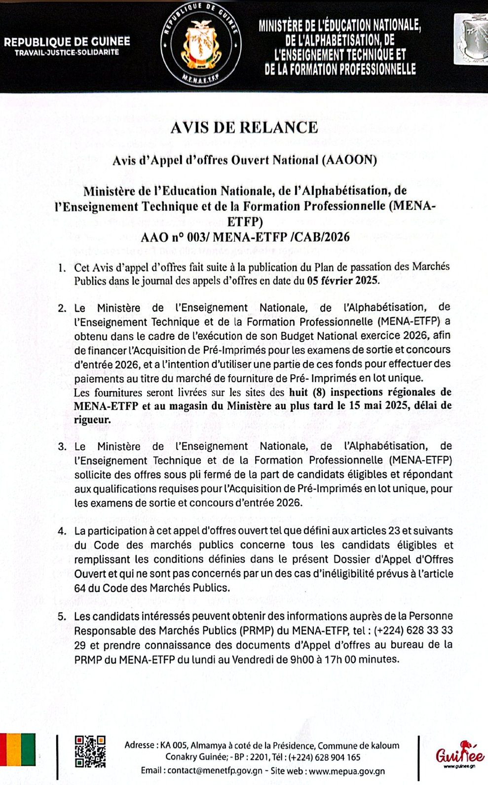 Avis d’appel d’offres ouvert national pour le marché de fourniture de Pré- Imprimés en lot unique | Page 1