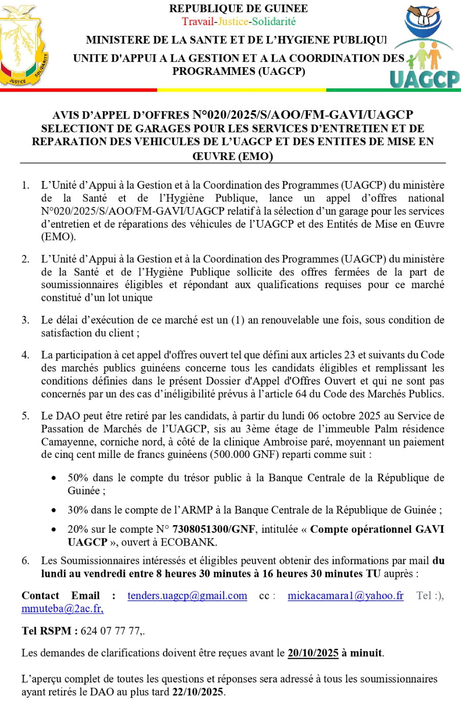 AVIS D’APPEL D’OFFRES POUR LA SELECTION DE GARAGES POUR LES SERVICES D’ENTRETIEN ET DE REPARATION DES VEHICULES DE L’UAGCP ET DES ENTITES DE MISE EN ŒUVRE (EMO) | Page 1