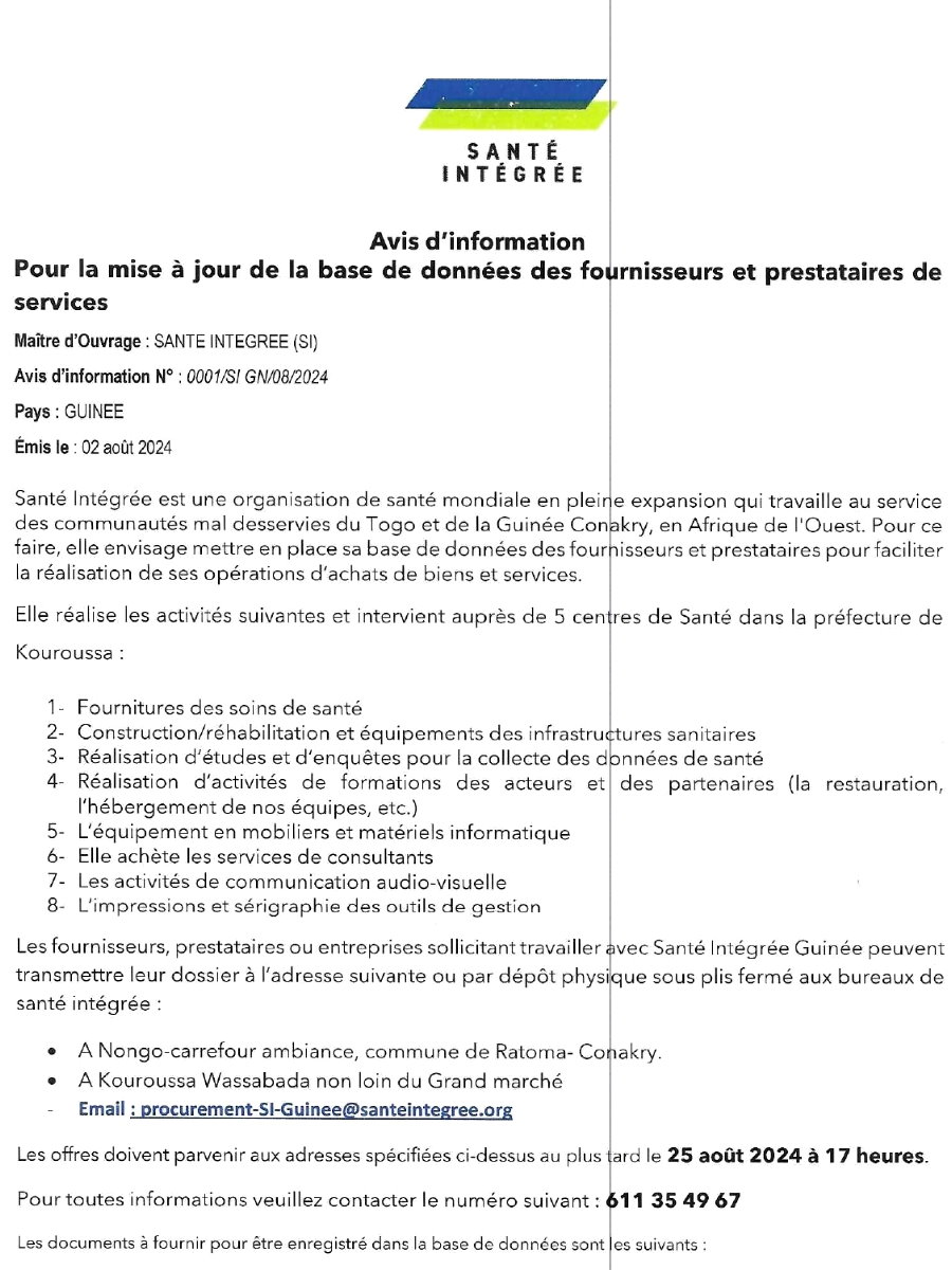 Mise à jour de la base de données des fournisseurs et prestataires de services