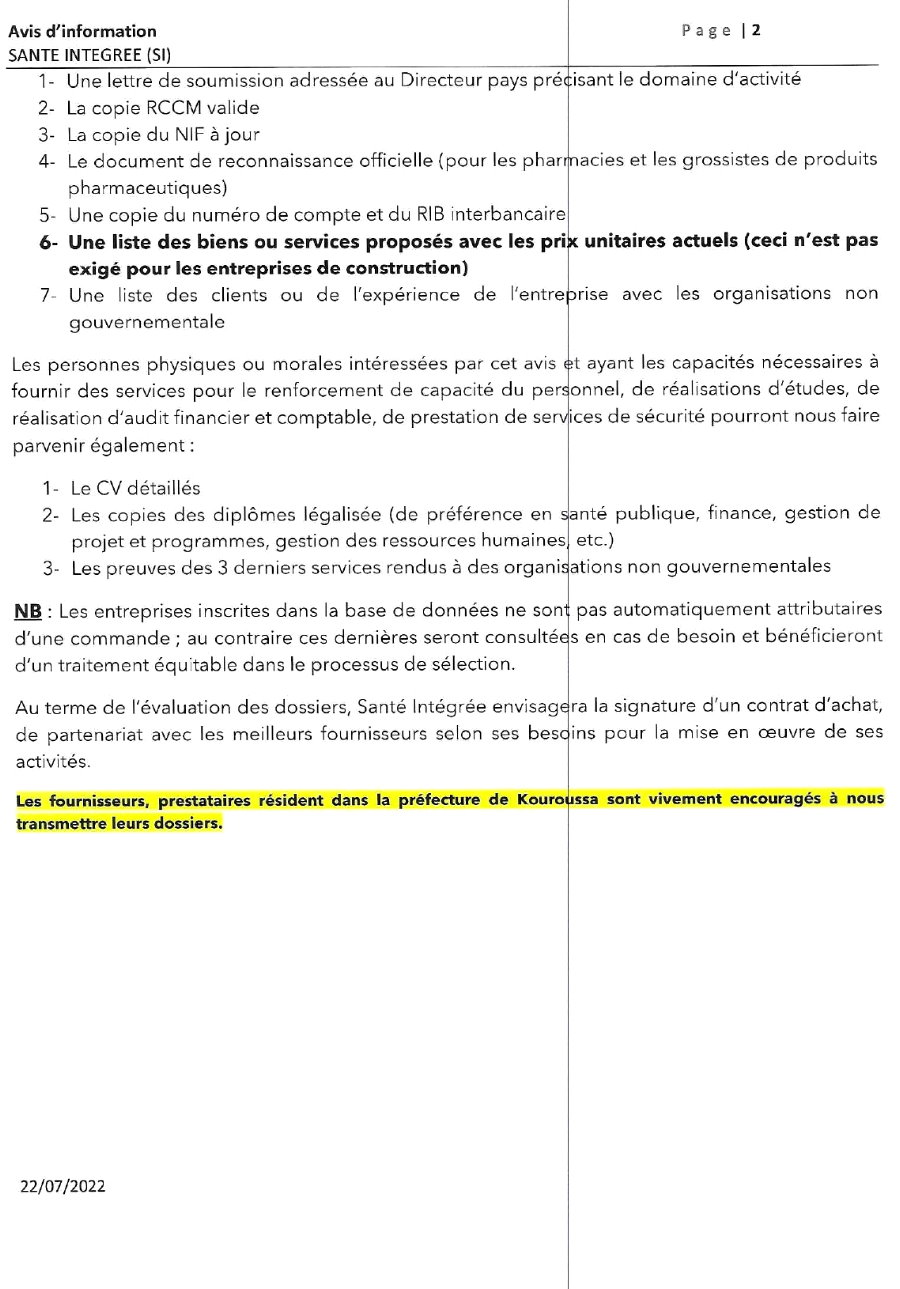 Mise à jour de la base de données des fournisseurs et prestataires de services 2