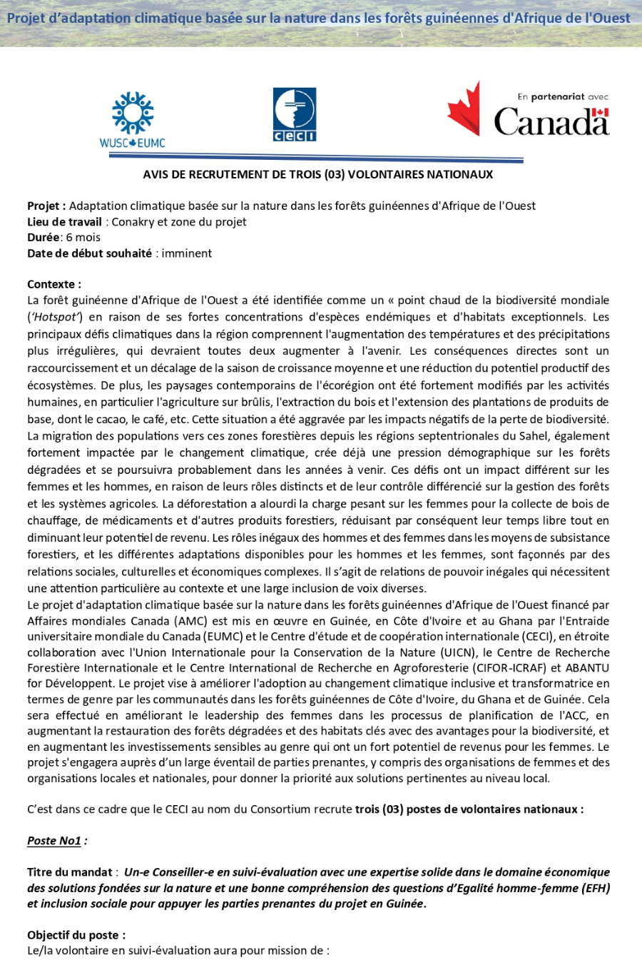 AVIS DE RECRUTEMENT DE TROIS (03) VOLONTAIRES NATIONAUX | Page 1