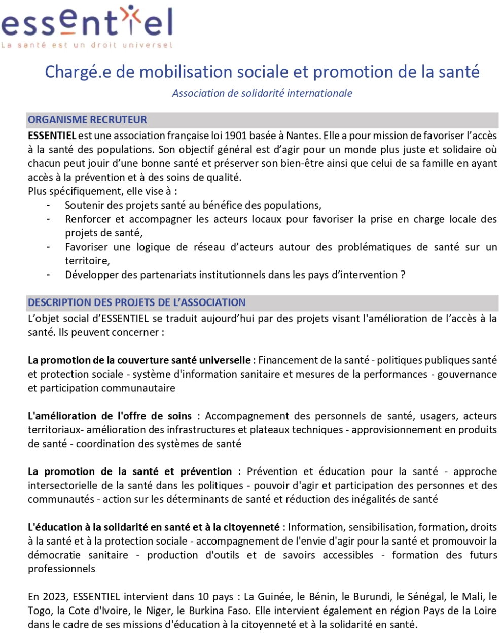 Avis de recrutement d'un.e Chargé.e de mobilisation sociale et promotion de la santé | Page 1