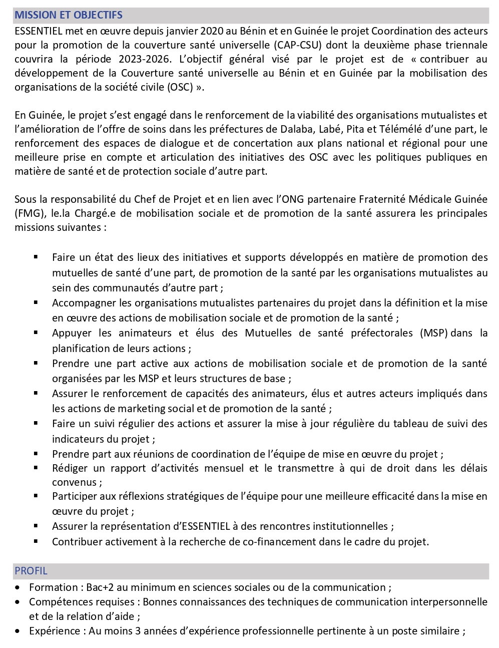 Avis de recrutement d'un.e Chargé.e de mobilisation sociale et promotion de la santé | Page 2