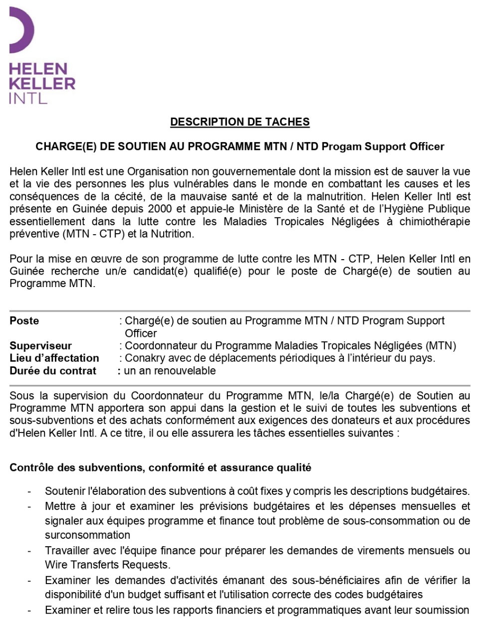 Avis De Recrutement D'un (E) Charge(E) De Soutien Au Programme Mtn / NTD Progam Support Officer | Page 1
