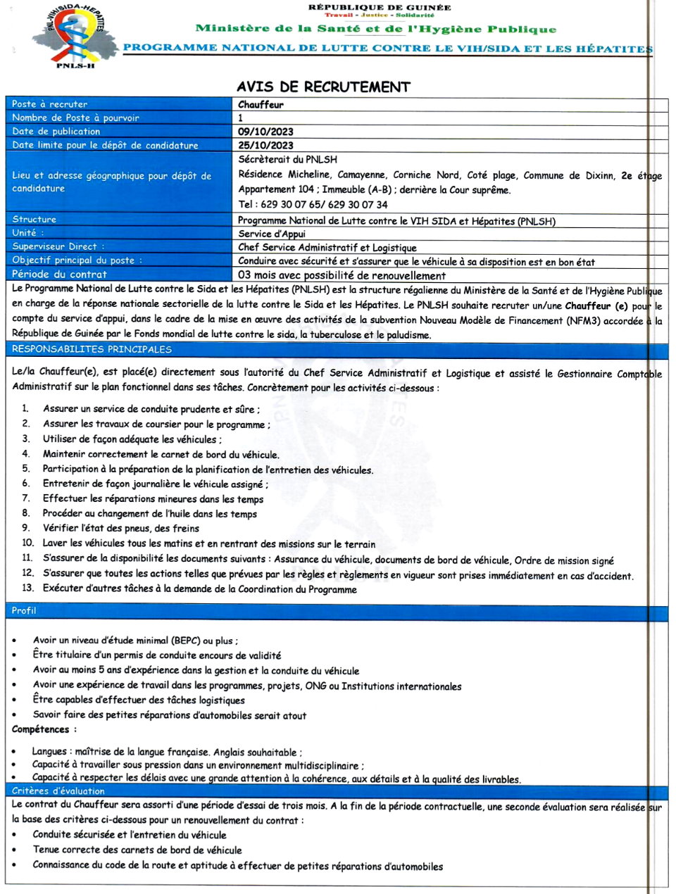 Avis de recrutement d'un Chauffeur | Page 1