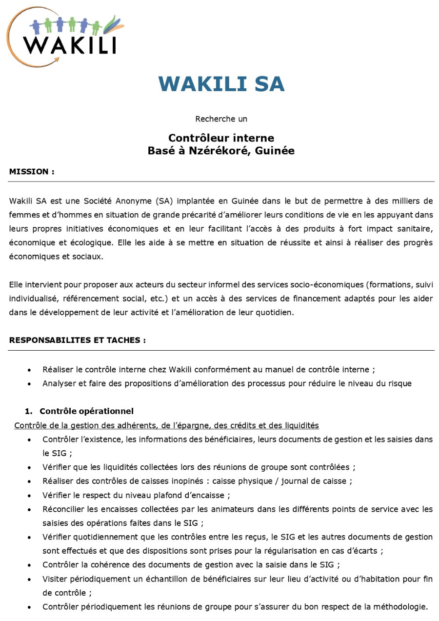 Avis De Recrutement D'un Contrôleur interne Basé à Nzérékoré, Guinée | Page 1